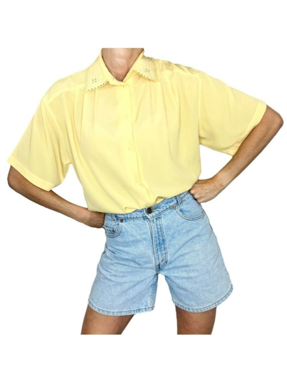 Vintage 80s 90s butter yellow short sleeve embroidered lace collar blouse top 6